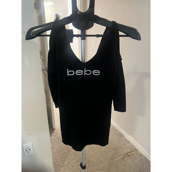 Bebe Swarovski Crystal Bedazzled Y2K Logo Cold Shoulder V-Neck Sweater - Picture 4 of 9